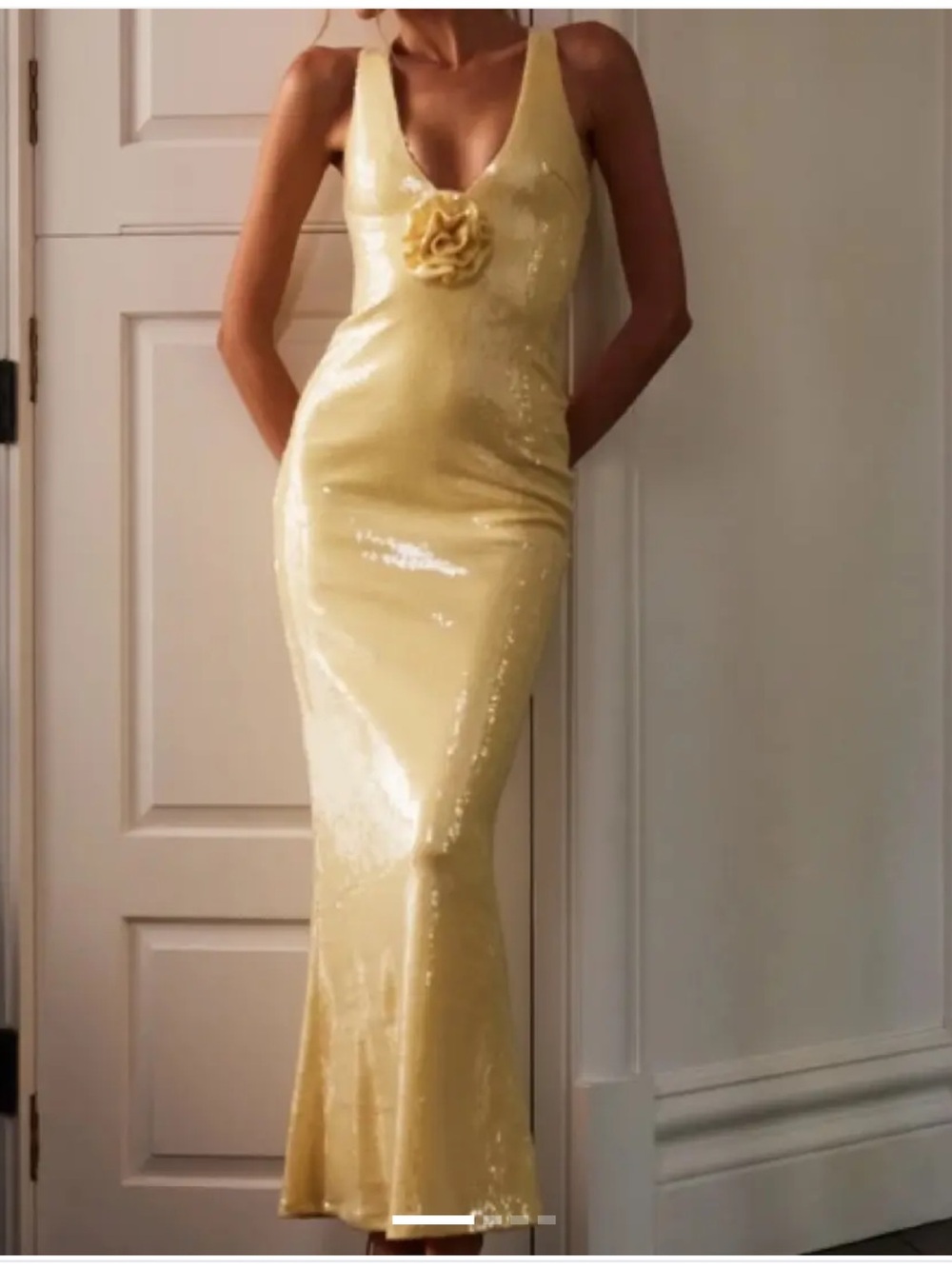 Meshki Yellow Sequin V-Neck Maxi Dress with Floral Applique